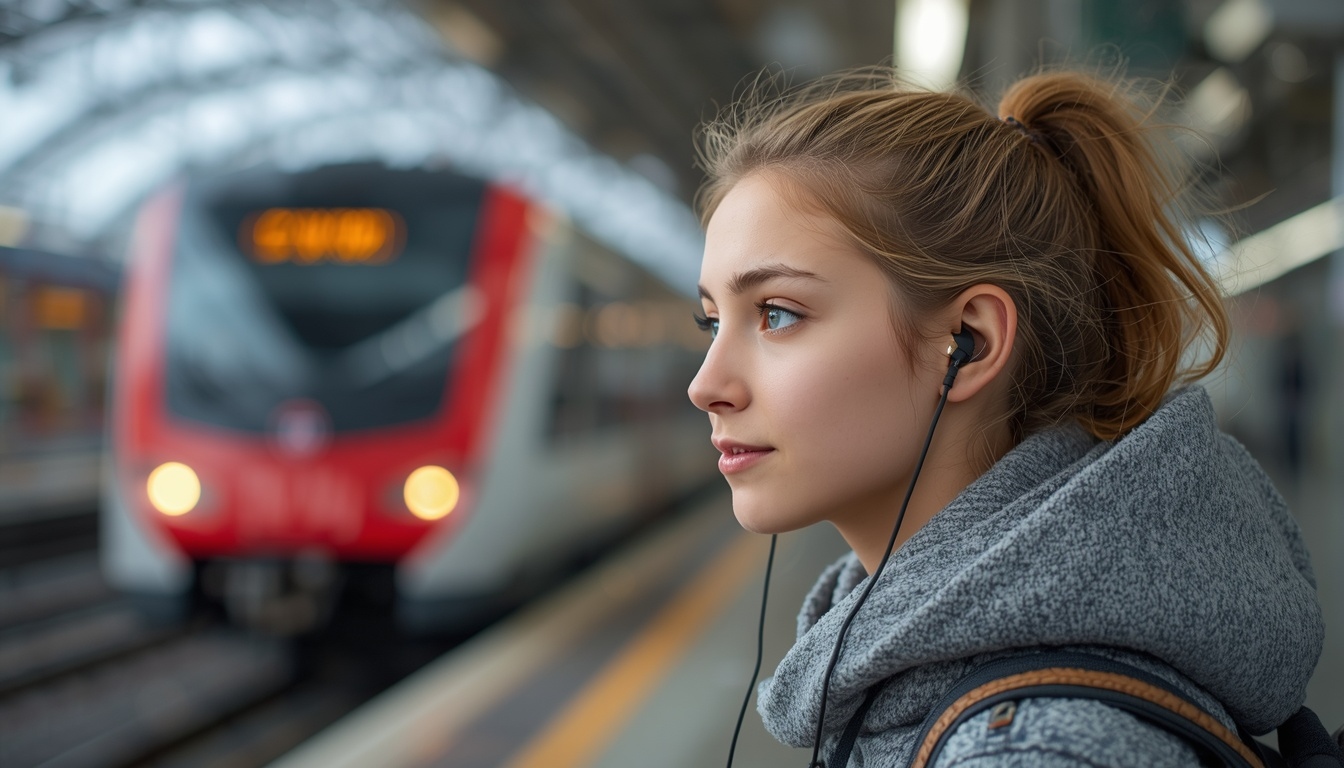 Frau mit Over-Ear-Kopfhörern in ruhiger Wohn- und Arbeitsumgebung.