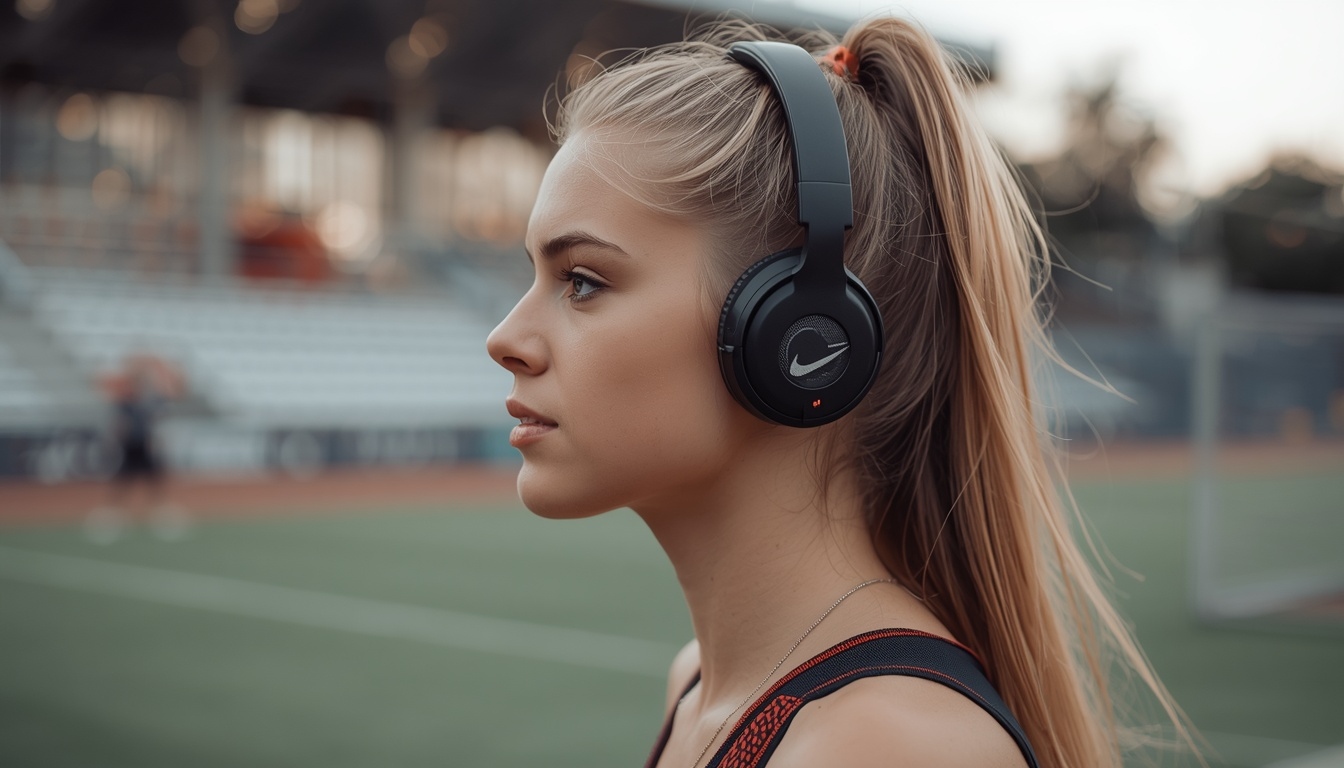 Junge Frau mit In-Ear-Kopfhörern wartet ruhig am Bahnsteig.
